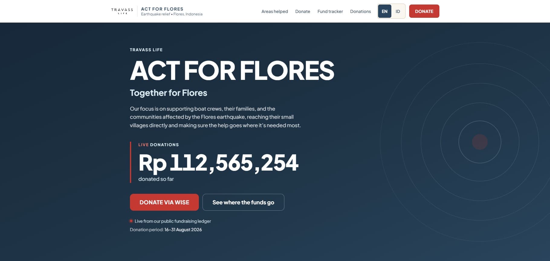 The Act for Flores donation platform, showing the live donation total of Rp 112,565,254 raised so far.
